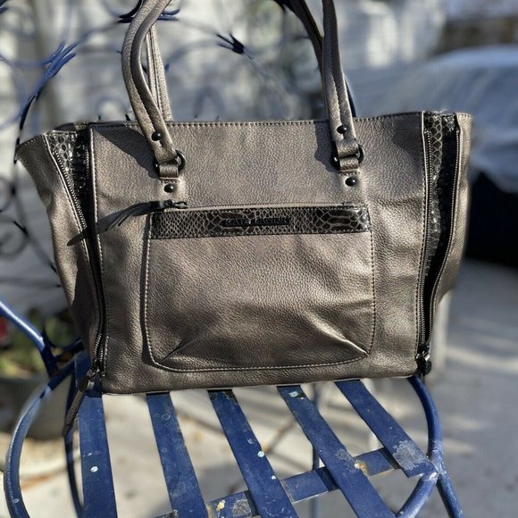 Kate Landry Leather Tote Purse Metallic Pewter w/a Bronze Textured Accent - Picture 4 of 6